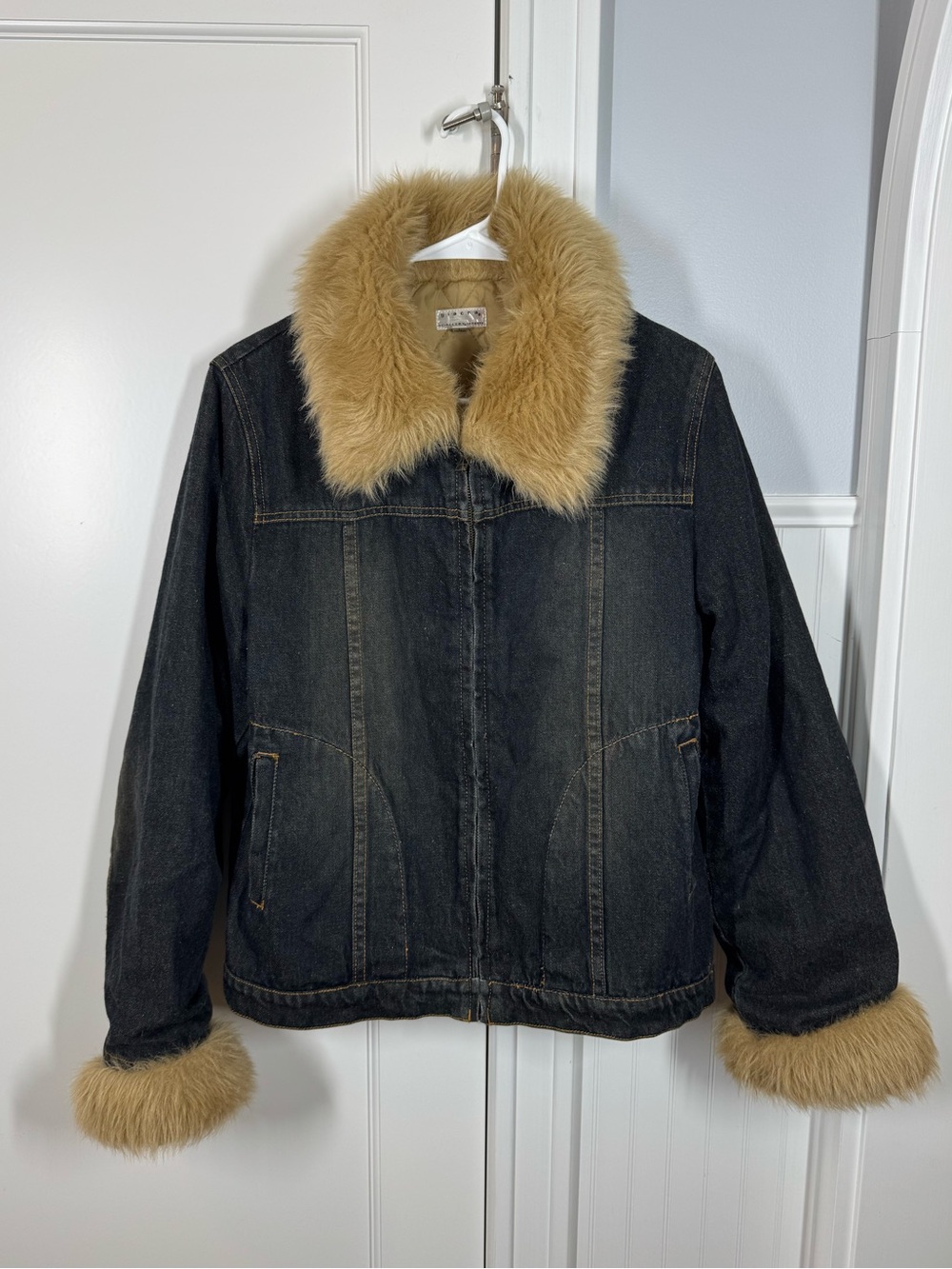 VTG Y2k Denim Jean Coat Womens M Chunky Fur 90s Bratz Retro Lizzy McGuire Boho